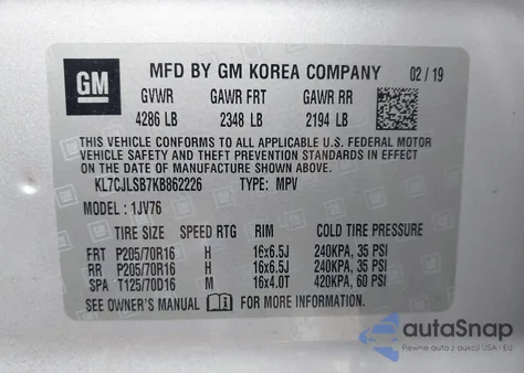 2019 Chevrolet Trax Lt z USA, uszkodzony, nr VIN KL7CJLSB7KB862226